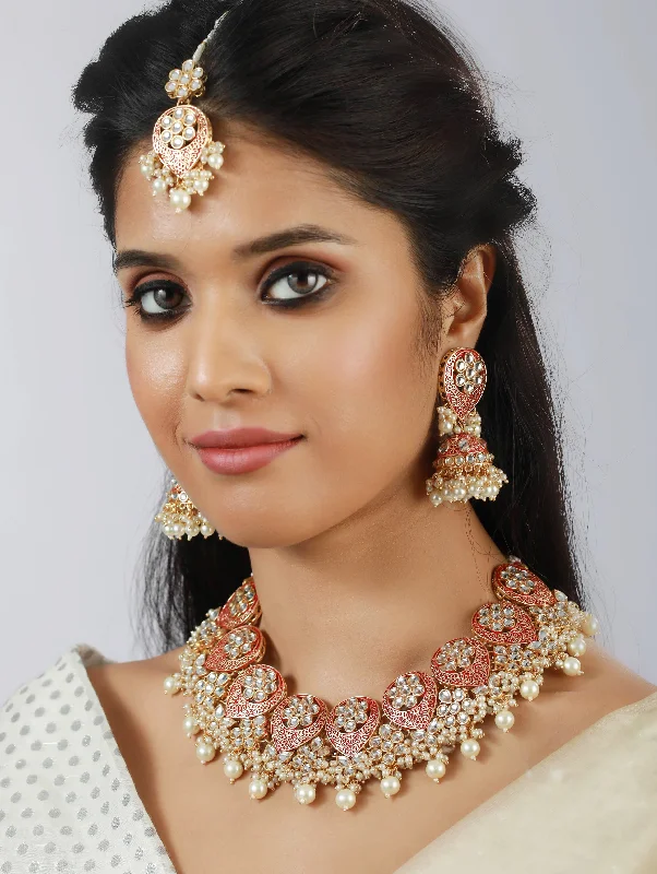 Women’s necklaces with geometric shapes-Gold-Plated Marron & White Stone-Studded & Pearl Beaded Meenakari Jewellery Set