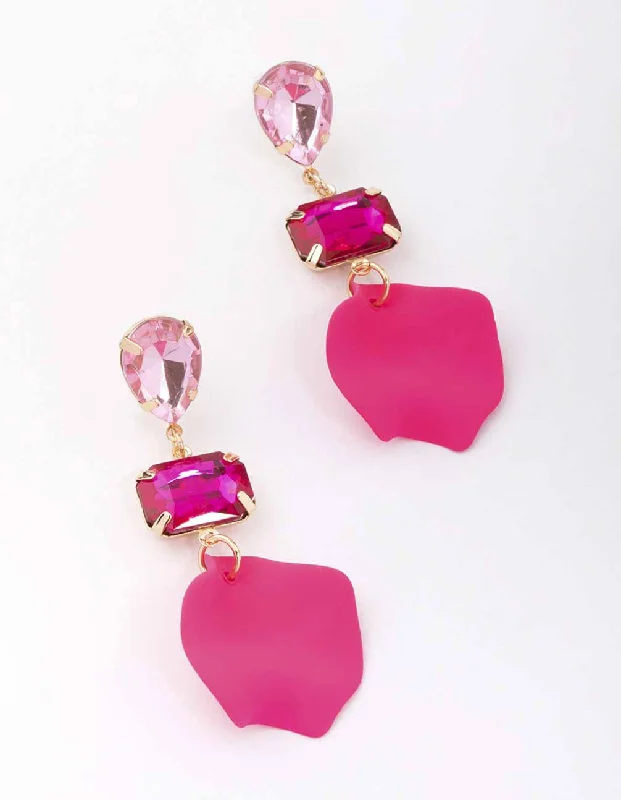 Elegant gold earrings for women-Pink Pear & Rectangle Diamante Petal Drop Earrings