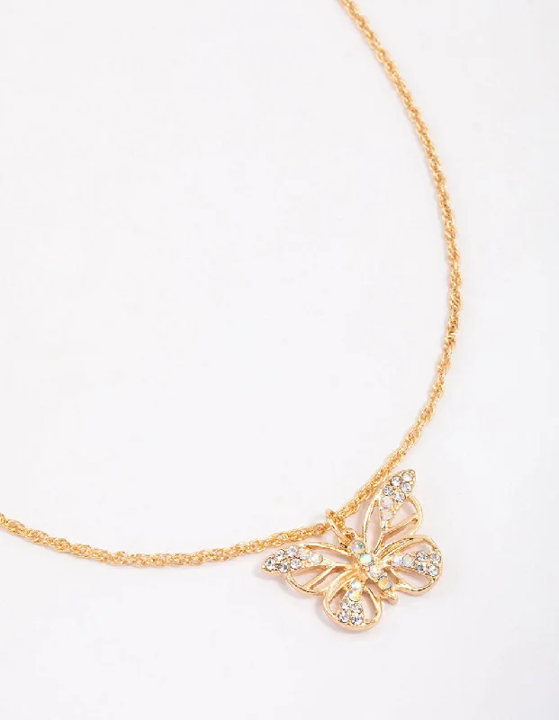 Necklace and earring sets for women-Gold Diamante Open Butterfly Short Necklace