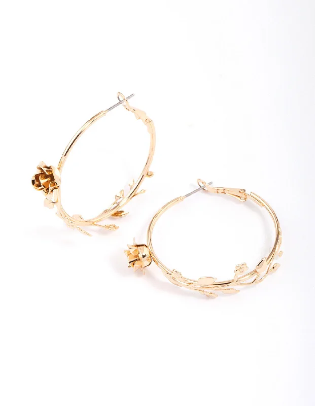 Women’s minimalistic earrings-Gold Flower Vine Hoop Earrings