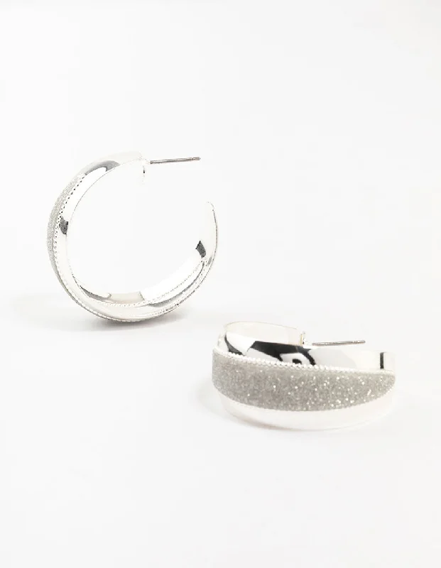 Diamond earrings for women-Silver Wide Pointed Glitter Hoop Earrings