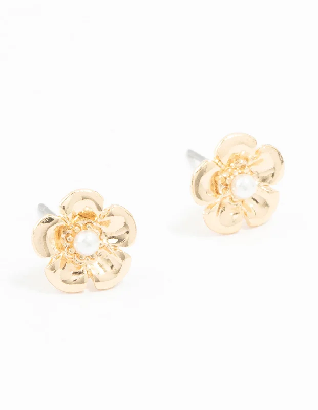 Women’s geometric earrings-Gold Pearl Flower Stud Earrings