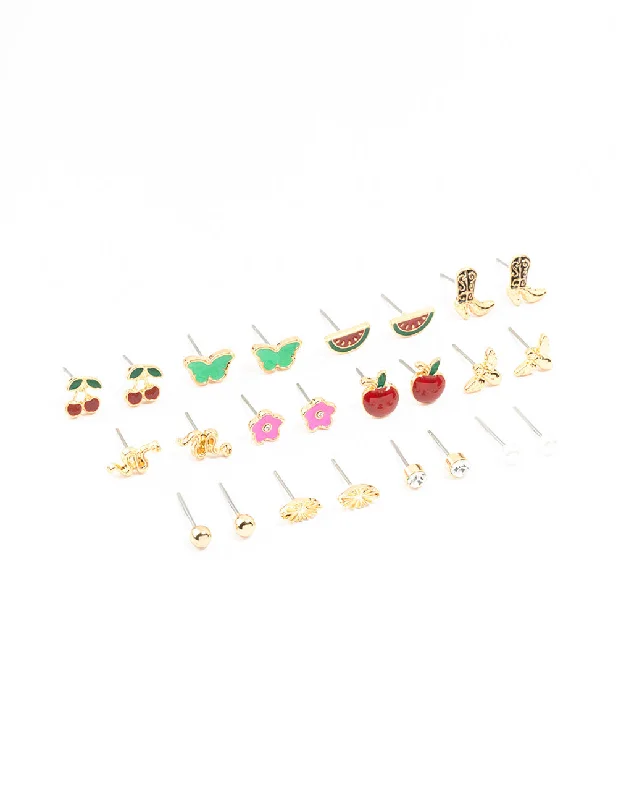 Elegant drop earrings for women-Gold Cherry & Boot Stud Earrings Pack 12-Pack