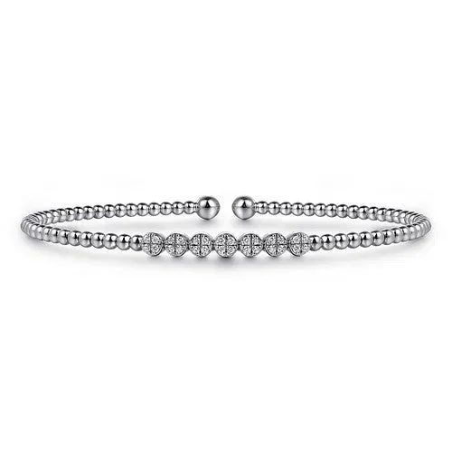 Women’s gold and silver bangles-14K White Gold Bujukan Bead and Cluster Diamond Bangle