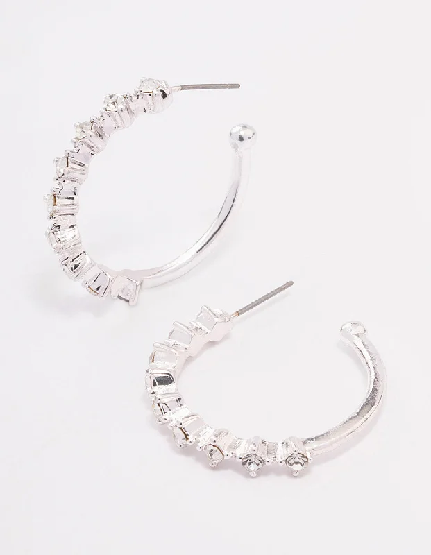 Classic hoop earrings for women-Silver Encased Round Diamante Hoop Earrings