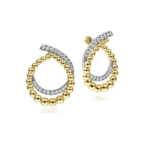 Simple stud earrings for women-14K Yellow Gold Bujukan Open Double Row Ball and Diamond Bypass Hoop Earrings