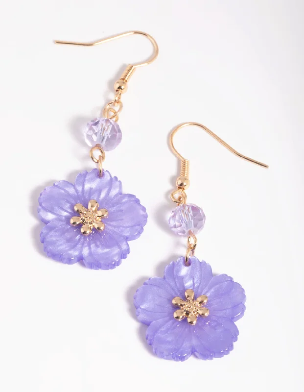 Women’s twisted hoop earrings-Purple Flower Drop Earrings