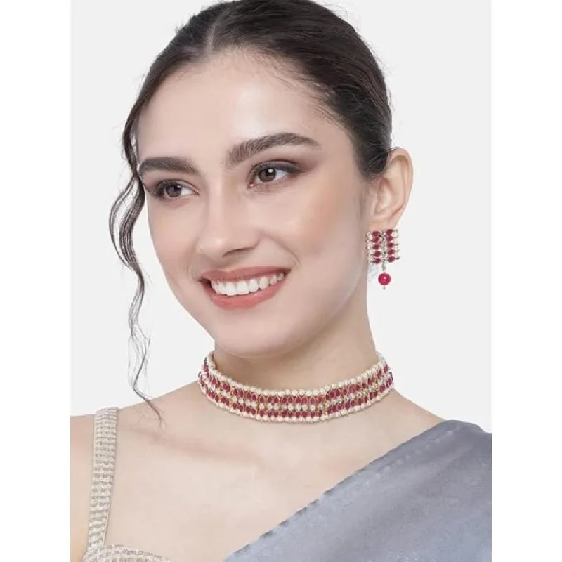 Women’s gold pendant necklaces-Etnico Gold Plated Traditional Kundan Pearl Choker Necklace Jewellery Set For Women And Girls (K7209) (Rani Pink)