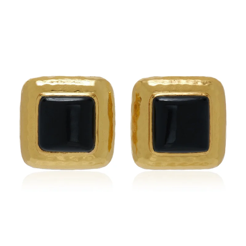 Women’s long chain earrings-Domed Square Earrings Black Onyx