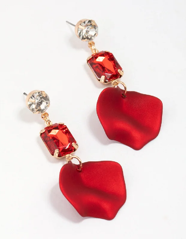 Women’s square-shaped earrings-Gold Rectangular Diamante Red Petal Drop Earrings