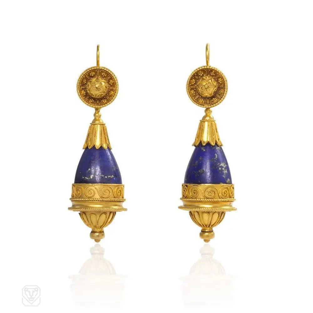 Custom-made earrings for women-Antique gold and lapis earrings in the Etruscan style