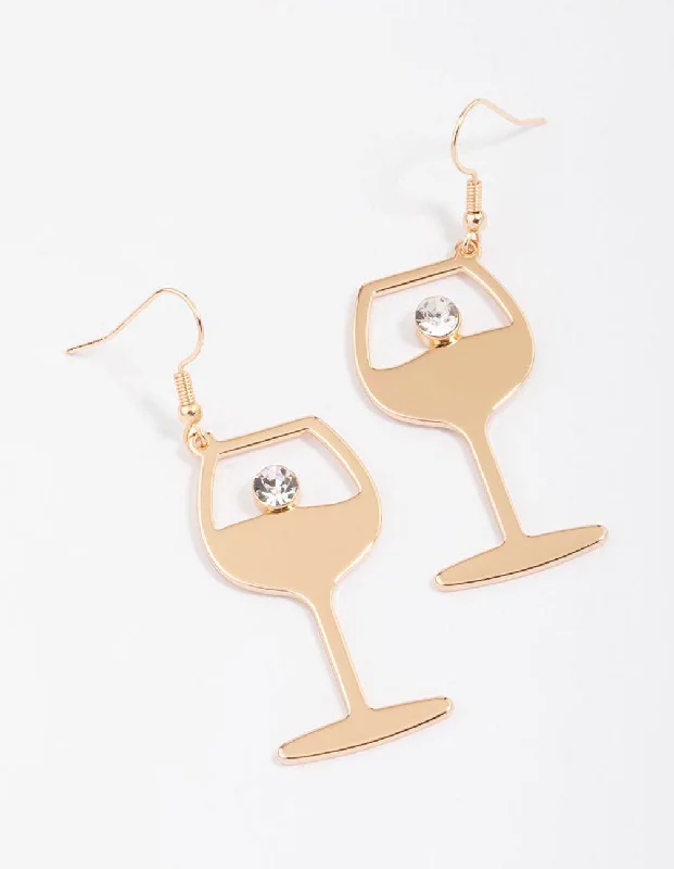 Elegant gold earrings for women-Gold Diamante Wine Glass Drop Earrings