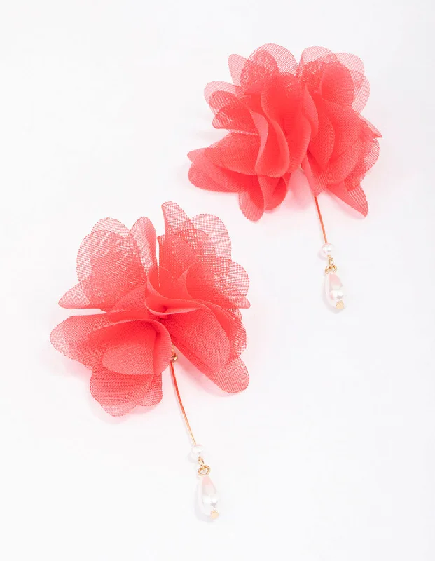 Women’s luxury hoop earrings-Red Fabric Flower Pearl Drop Earrings