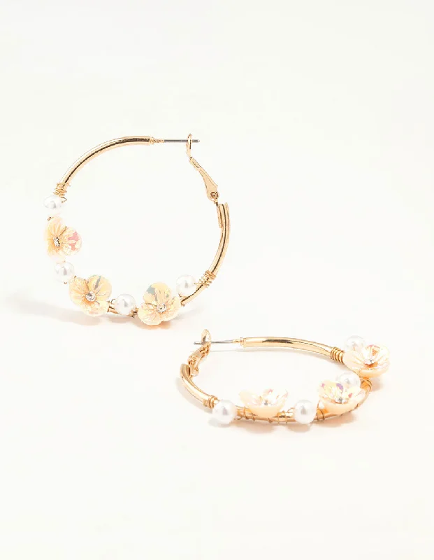 Women’s vintage hoop earrings-Gold Pearl & Flower Hoop Earrings