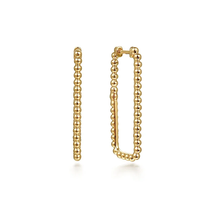 Women’s gold dangly earrings-14K Yellow Plain Gold Bujukan Beads 30mm Rectangle Hoop Earrings