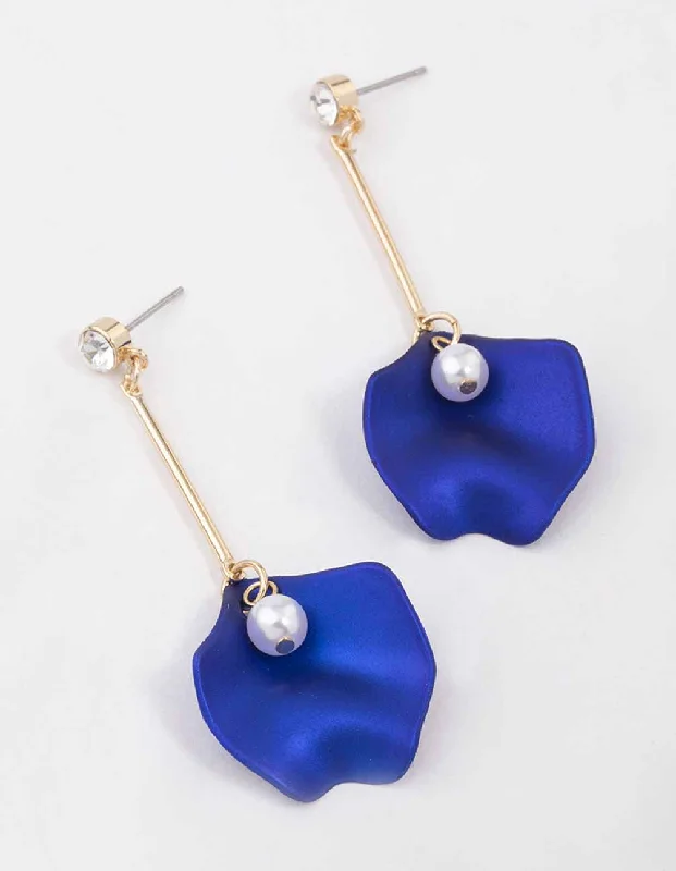 Women’s pearl drop earrings-Blue Diamante Pearl Petal Drop Earrings