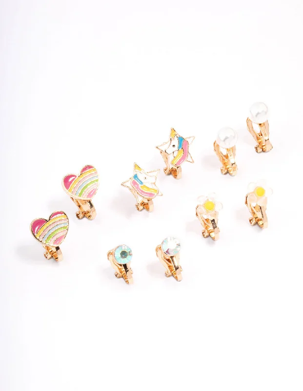 Women’s silver earrings-Kids Unicorn & Heart Clip On Earrings 5-Pack