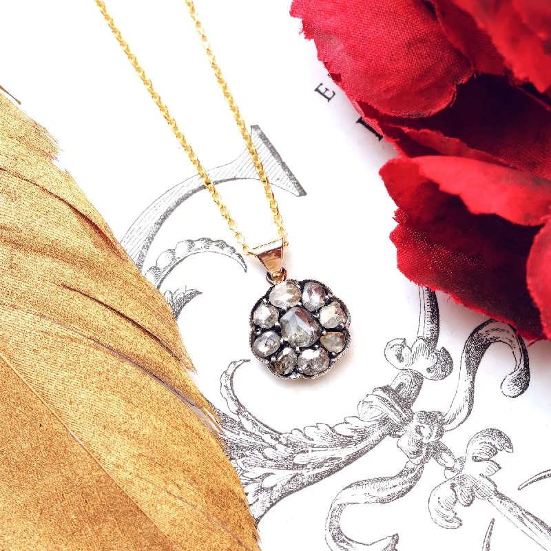 Custom necklace designs for women-Antique Rose Cut Diamond Flowerette Pendant