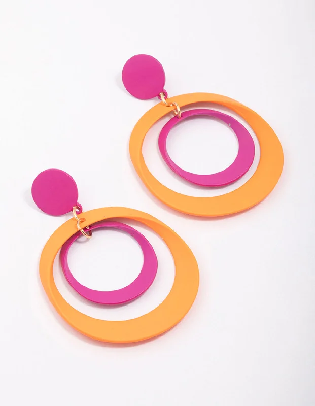 Women’s eco-conscious earrings-Pink & Orange Double Ring Drop Earrings