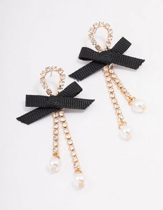 Women’s square-shaped earrings-Black Cup Chain Pearl Bow Drop Earrings