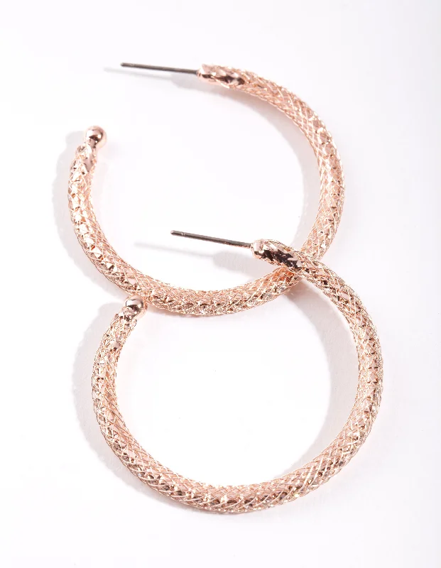 Elegant pearl earrings for women-Rose Gold Diamante Mesh Hoop Earrings