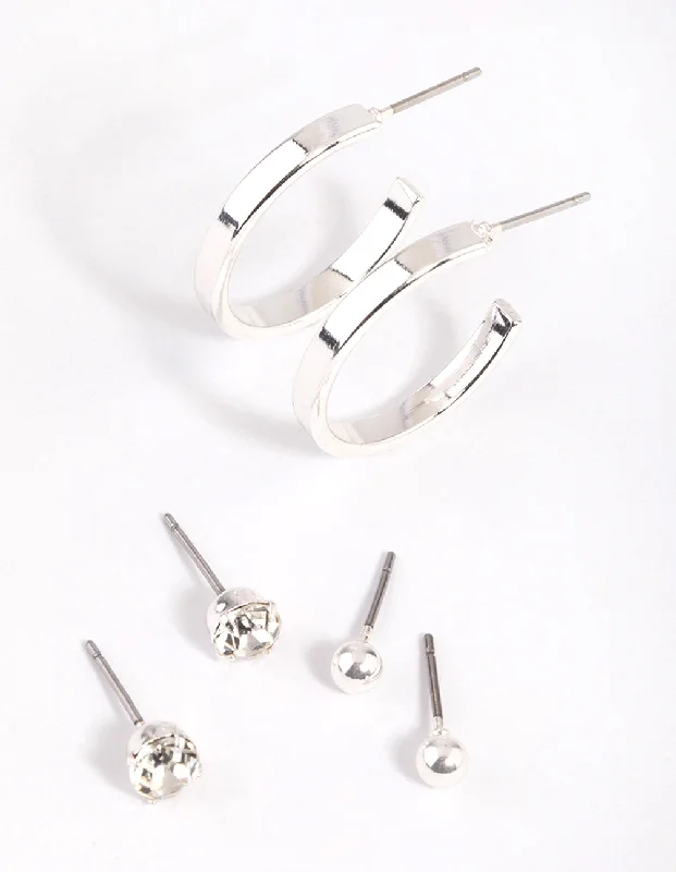 Women’s clip-on earrings-Silver Plain Stud & Hoop Earring Pack