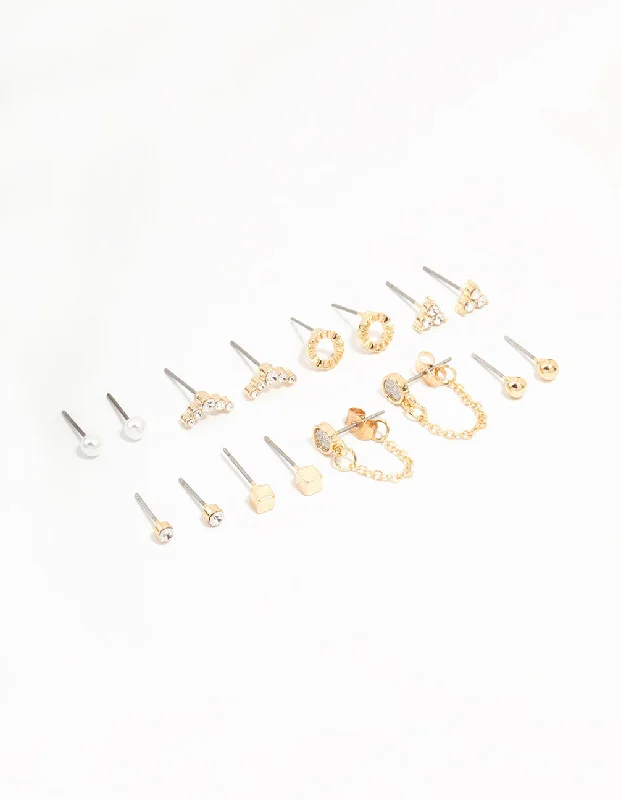 Women’s chunky earrings-Gold Stud & Chain Diamante Earrings 8-Pack