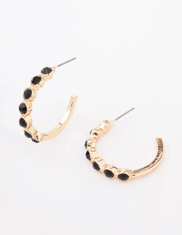 Trendy earrings for women-Gold Encased Round Stone Hoop Earrings