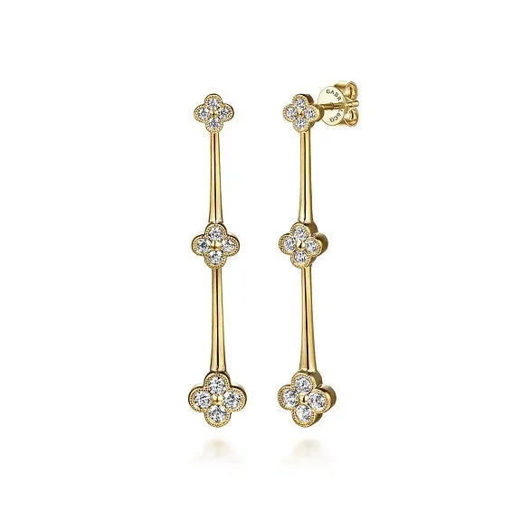 Women’s flower earrings-14K Yellow Gold Graduating Diamond Cluster Stud Drop Earrings