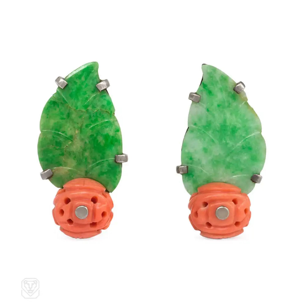 Women’s silver and gold earrings-Art Deco jade and coral clip earrings