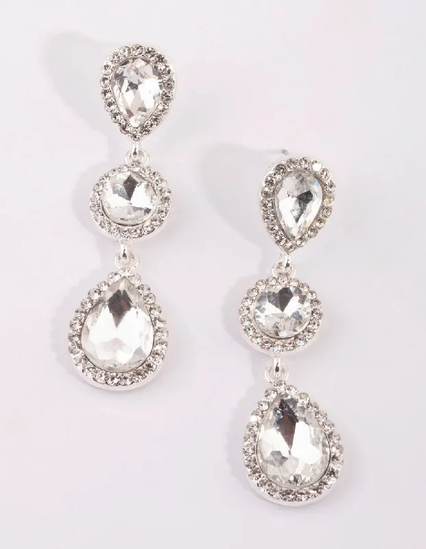 Elegant gold earrings for women-Silver Circular & Teardrop Diamante Earrings