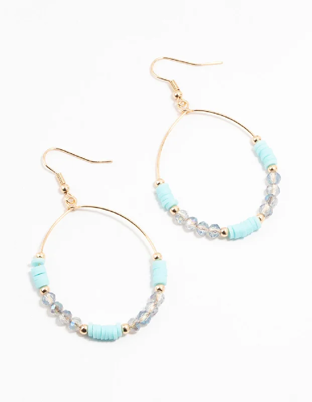 Affordable earrings for women-Gold & Blue Beaded & Disc Hoop Drop Earrings