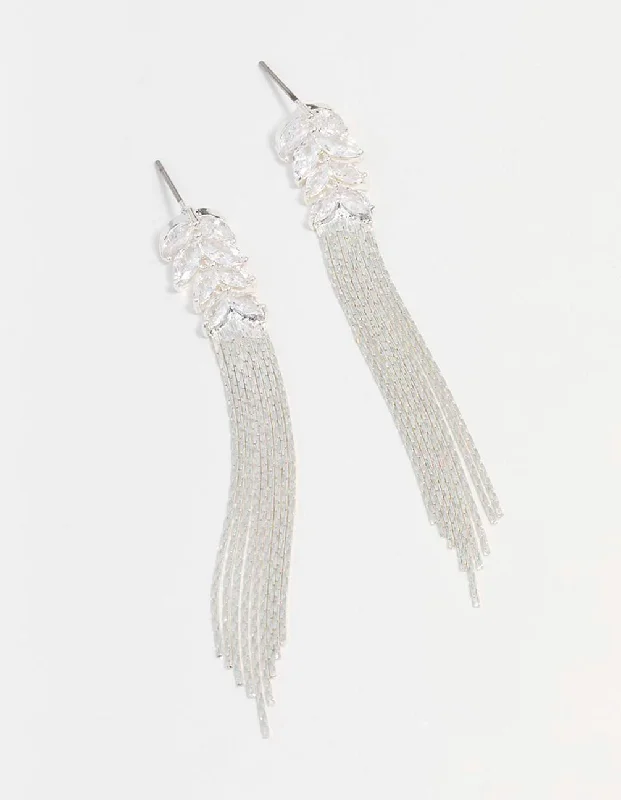 Women’s statement earrings with crystals-Silver Cubic Zirconia Tassel Drop Earrings