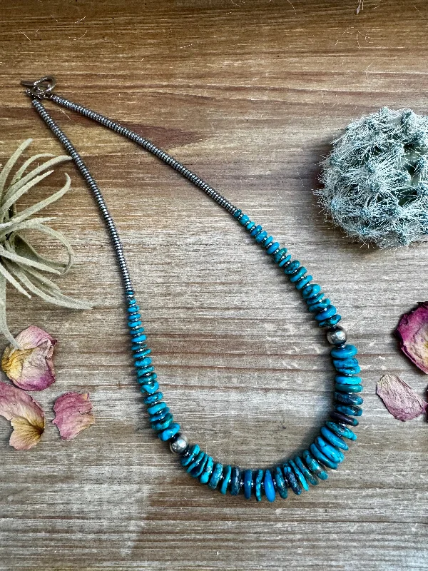 Affordable necklaces for women-22 inch dark blue graduated turquoise necklace with Sterling silver pearls