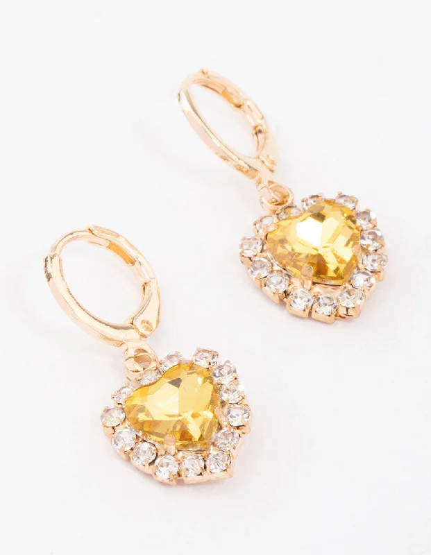 Women’s fashionable stud earrings-Gold Diamante Halo Heart Huggie Earrings