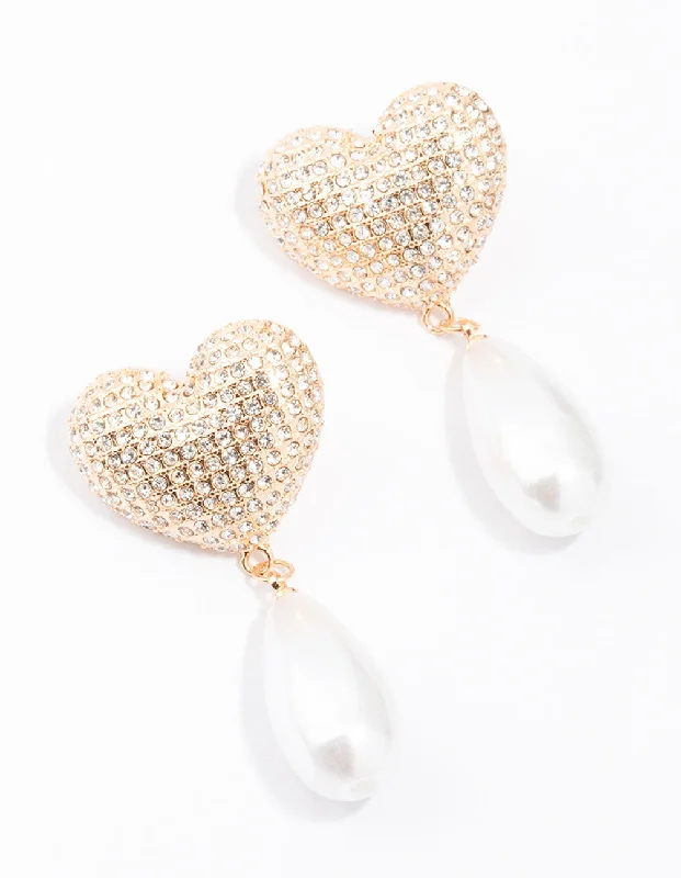 Women’s minimalist drop earrings-Gold Diamante Pearl Heart Drop Earrings