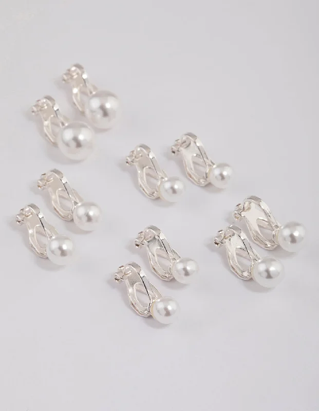 Women’s birthstone earrings-Silver Graduating Pearl Clip On Earrings 5-Pack