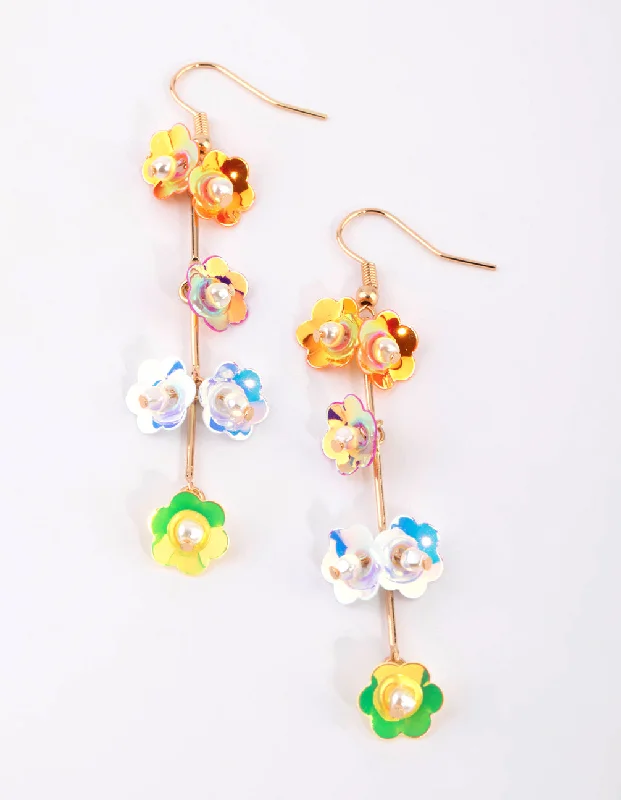 Women’s square-shaped earrings-Gold Metallic Flower Drop Earrings