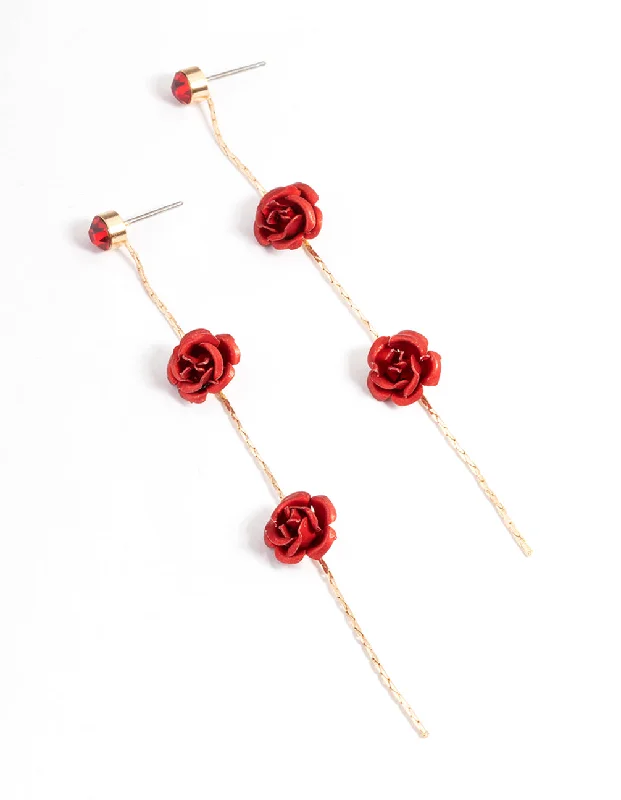 Women’s star-shaped earrings-Red Diamante & Flower Chain Drop Earrings