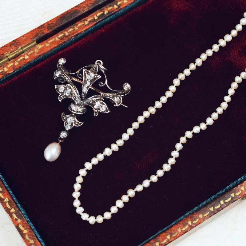 Elegant necklaces for special occasions-Precious Antique Natural Pearl & Diamond Necklace