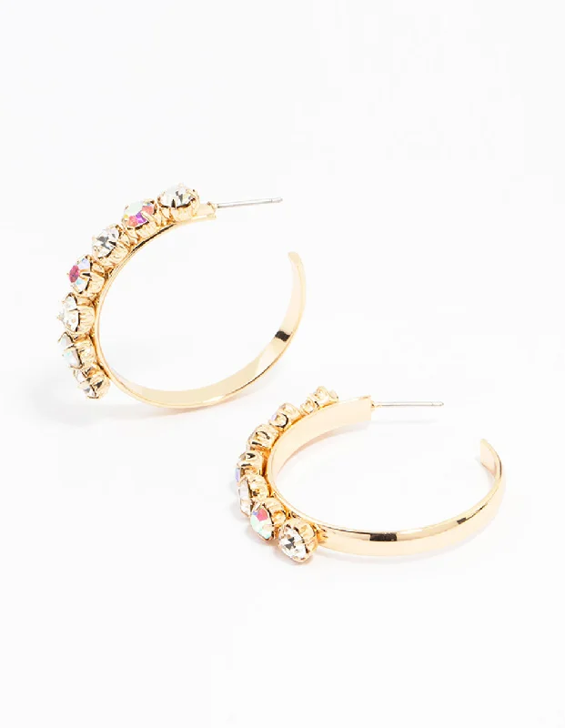 Women’s multi-colored earrings-Gold Round Diamante Medium Hoop Earrings