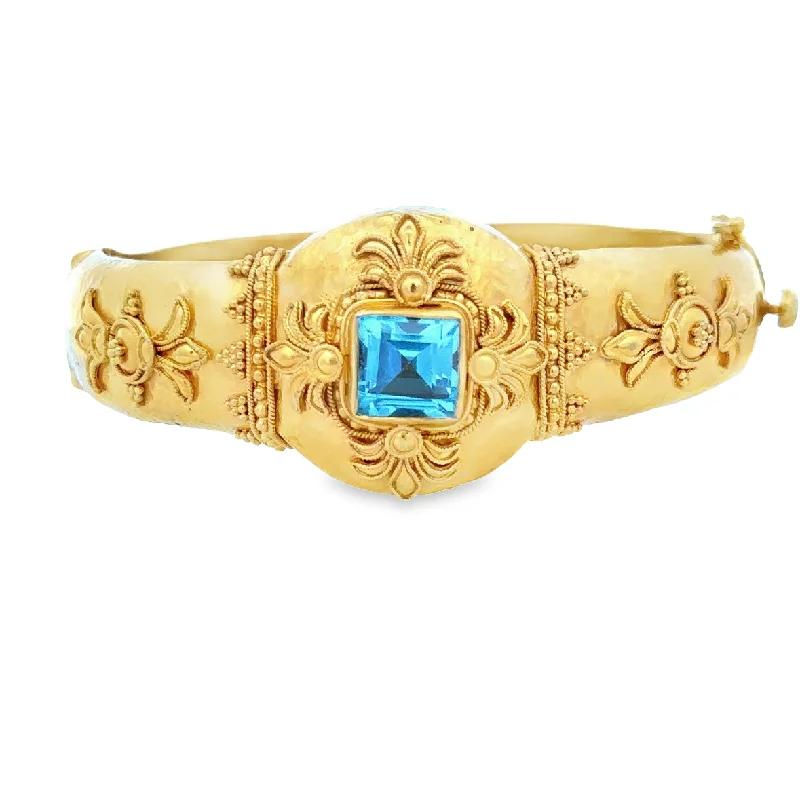 Women’s boho-style bracelets-Statement Etruscan Style Blue Topaz Bangle in 22k Yellow Gold