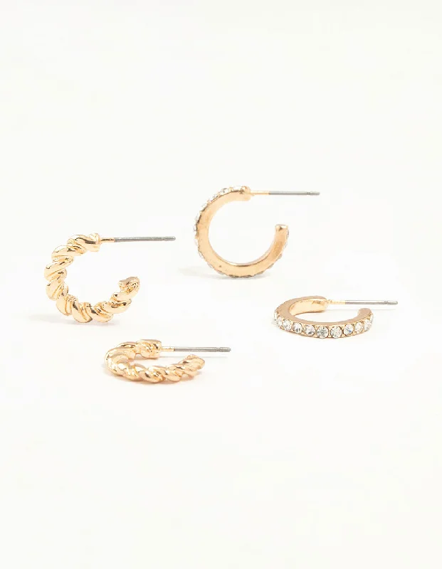 Elegant drop earrings for women-Gold Twisted & Diamante Hoop Earrings 2-Pack