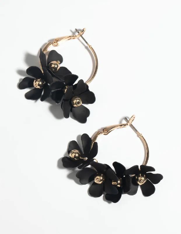 Women’s silver earrings-Black Flower Hoop Earrings