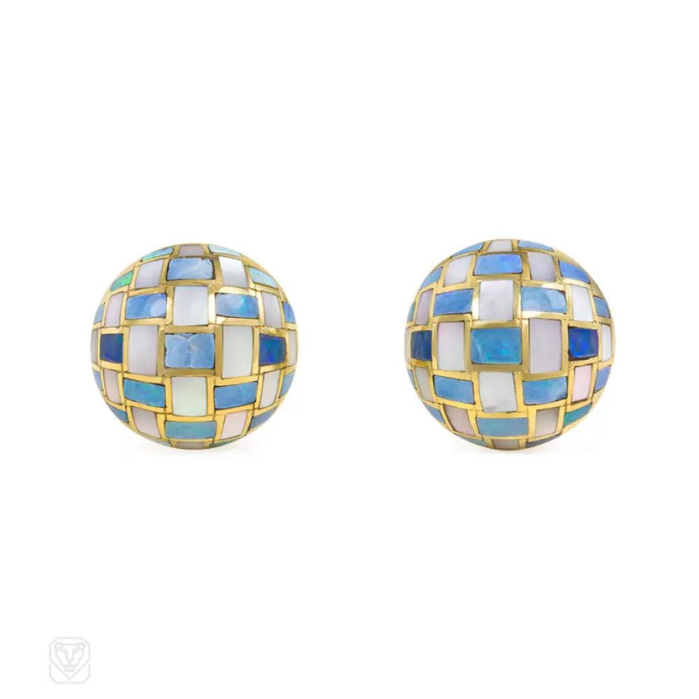 Unique earrings with gemstones-Checkered opal and mother-of-pearl button earrings, Angela Cummings