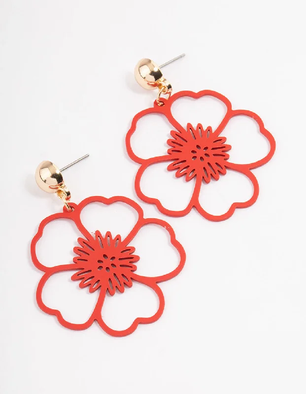 Custom gold earrings for women-Red Open Flower Drop Earrings