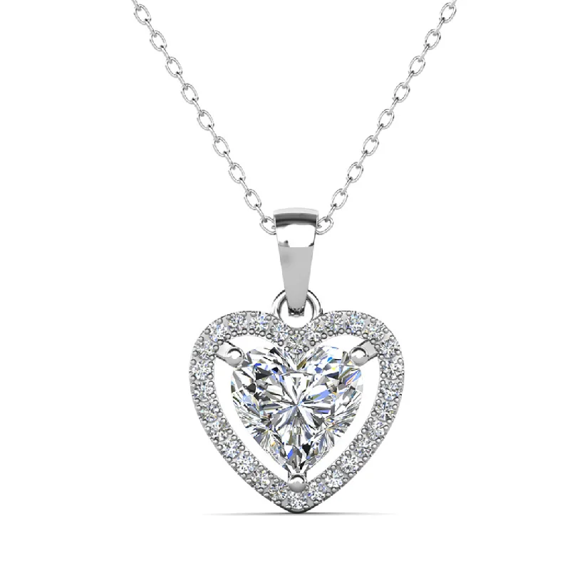 Women’s necklace sets with matching earrings-Amora 18k White Gold Plated Halo Heart Pendant Necklace with Simulated Diamond Crystals