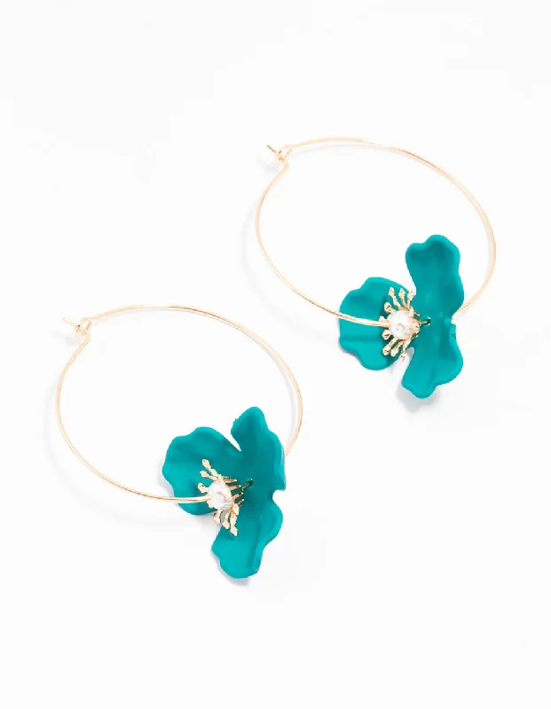 Fashionable earrings for women-Gold Blue Coated Wire Flower Earrings