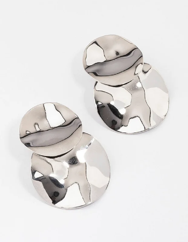 Women’s playful earrings-Silver Double Wave Disc Drop Earrings