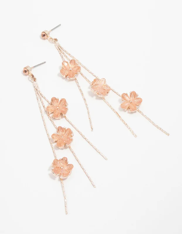 Women’s long dangling earrings-Rose Gold Pink Floral Chain Drop Earrings